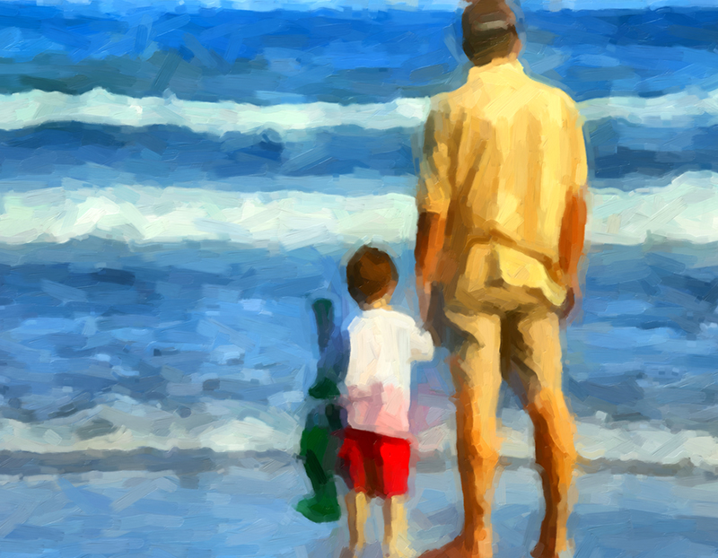 Father and son contemplating the sea